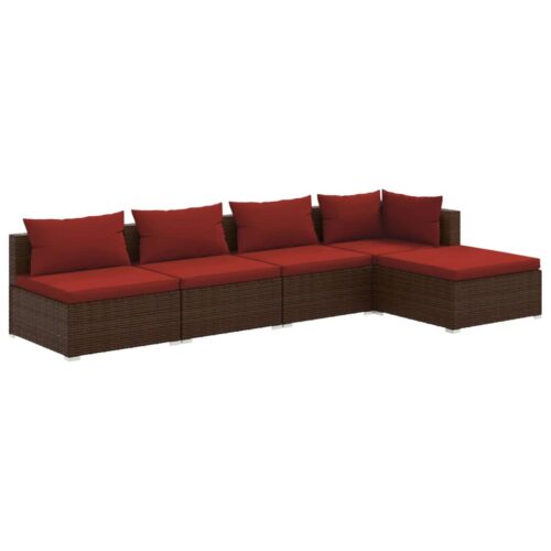 5-Piece Garden Lounge Set with Cushions Poly Rattan Wicker Outdoor Patio Furniture Brown