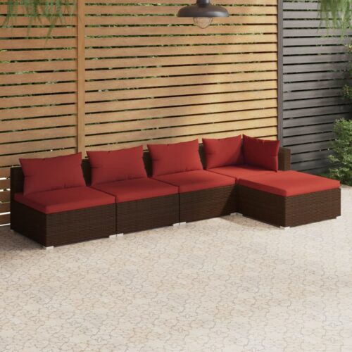 5-Piece Garden Lounge Set with Cushions Poly Rattan Wicker Outdoor Patio Furniture Brown - Image 2