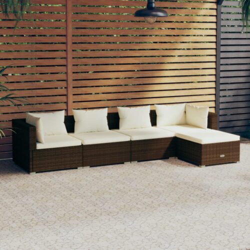 5-Piece Garden Lounge Set with Cushions Poly Rattan Wicker Outdoor Patio Furniture Brown - Image 2