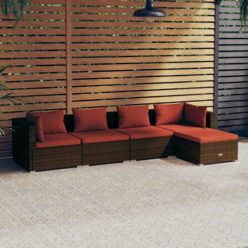 5-Piece Garden Lounge Set with Cushions Poly Rattan Wicker Outdoor Patio Furniture Brown - Image 2