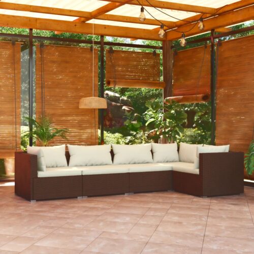 5-Piece Garden Lounge Set with Cushions Poly Rattan Wicker Outdoor Patio Furniture Brown - Image 2