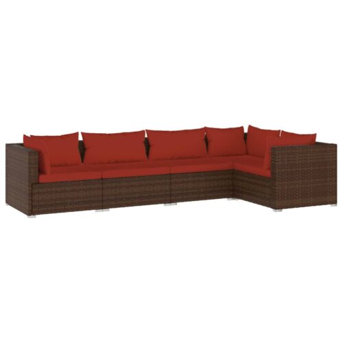 5-Piece Garden Lounge Set with Cushions Poly Rattan Wicker Outdoor Patio Furniture Brown