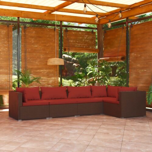 5-Piece Garden Lounge Set with Cushions Poly Rattan Wicker Outdoor Patio Furniture Brown - Image 2