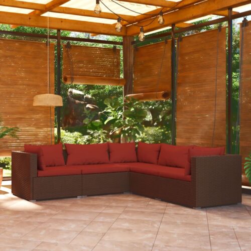5-Piece Garden Lounge Set with Cushions Poly Rattan Wicker Outdoor Patio Furniture Brown - Image 2