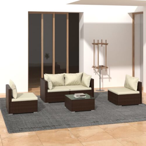 5-Piece Garden Lounge Set with Cushions Poly Rattan Wicker Outdoor Patio Furniture Brown - Image 2