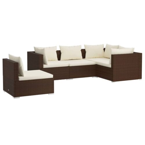 5-Piece Garden Lounge Set with Cushions Poly Rattan Wicker Outdoor Patio Furniture Brown