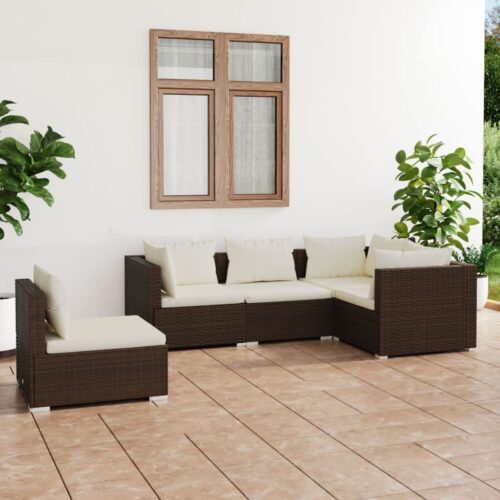 5-Piece Garden Lounge Set with Cushions Poly Rattan Wicker Outdoor Patio Furniture Brown - Image 2