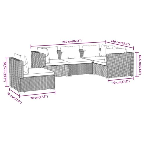 5-Piece Garden Lounge Set with Cushions Poly Rattan Wicker Outdoor Patio Furniture Brown - Image 7