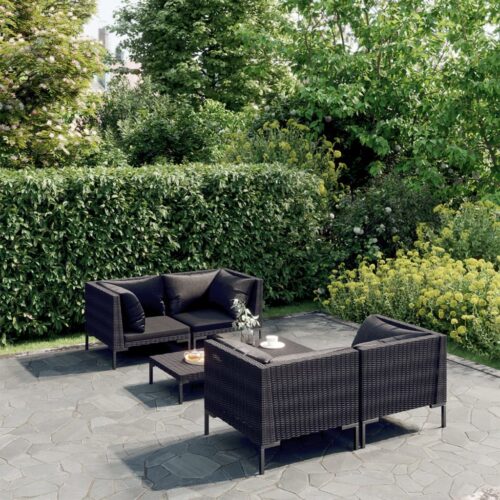 5-Piece Garden Lounge Set with Cushions Poly Rattan Wicker Outdoor Patio Furniture Dark Grey - Image 2