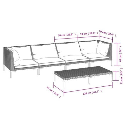 5-Piece Garden Lounge Set with Cushions Poly Rattan Wicker Outdoor Patio Furniture Dark Grey - Image 9