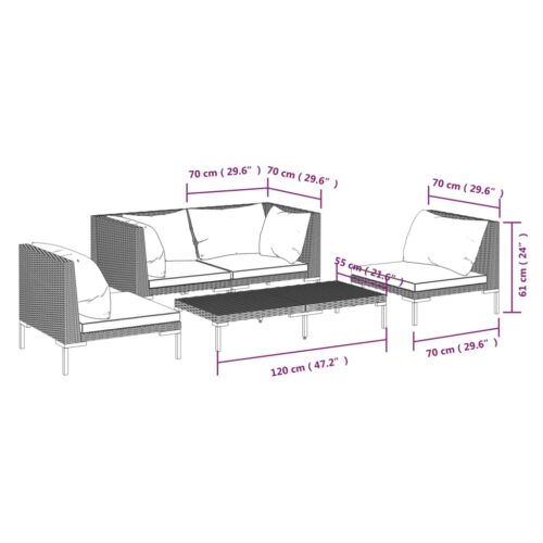 5-Piece Garden Lounge Set with Cushions Poly Rattan Wicker Outdoor Patio Furniture Dark Grey - Image 9