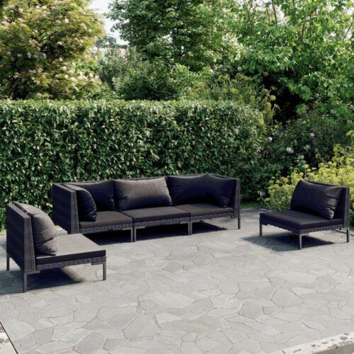 5-Piece Garden Lounge Set with Cushions Poly Rattan Wicker Outdoor Patio Furniture Dark Grey - Image 2