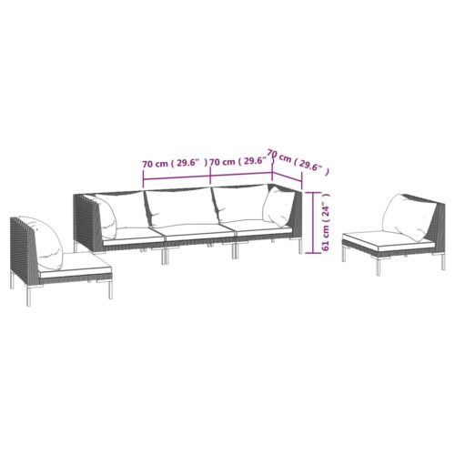 5-Piece Garden Lounge Set with Cushions Poly Rattan Wicker Outdoor Patio Furniture Dark Grey - Image 7