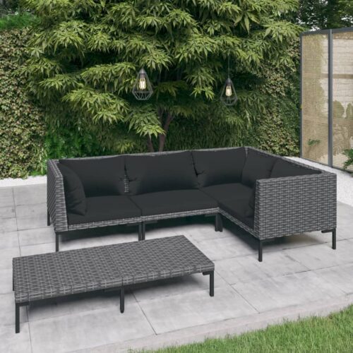 5-Piece Garden Lounge Set with Cushions Poly Rattan Wicker Outdoor Patio Furniture Dark Grey - Image 2