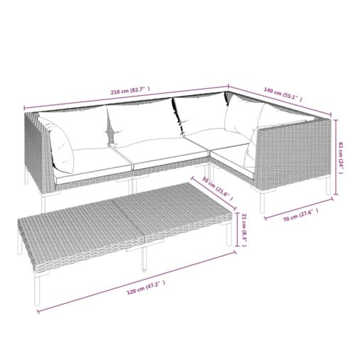 5-Piece Garden Lounge Set with Cushions Poly Rattan Wicker Outdoor Patio Furniture Dark Grey - Image 9