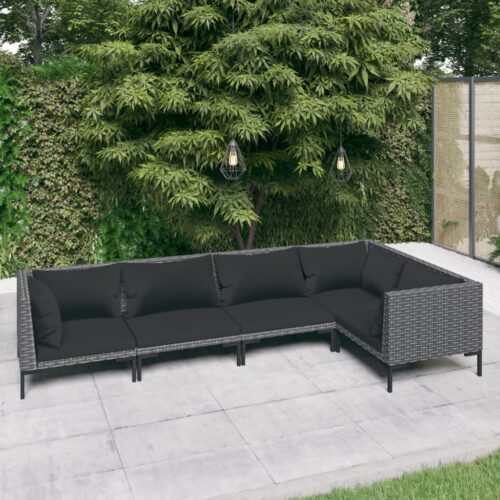 5-Piece Garden Lounge Set with Cushions Poly Rattan Wicker Outdoor Patio Furniture Dark Grey - Image 2