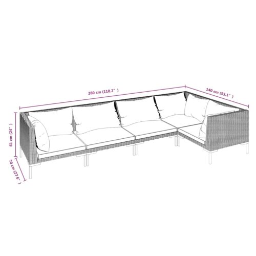 5-Piece Garden Lounge Set with Cushions Poly Rattan Wicker Outdoor Patio Furniture Dark Grey - Image 7