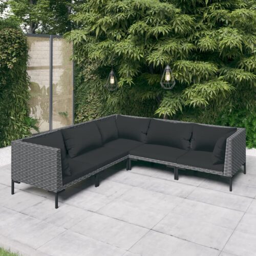 5-Piece Garden Lounge Set with Cushions Poly Rattan Wicker Outdoor Patio Furniture Dark Grey - Image 2
