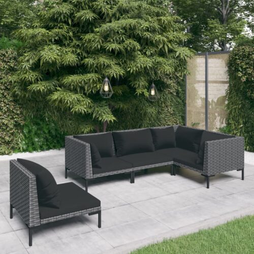 5-Piece Garden Lounge Set with Cushions Poly Rattan Wicker Outdoor Patio Furniture Dark Grey - Image 2