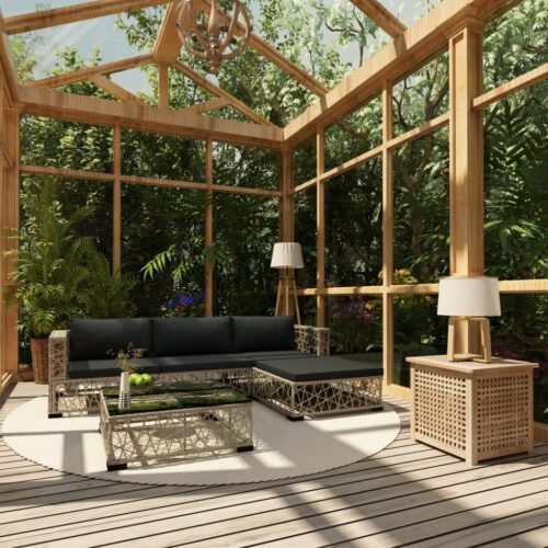 5-Piece Garden Lounge Set with Cushions Poly Rattan Wicker Outdoor Patio Furniture Grey - Image 2