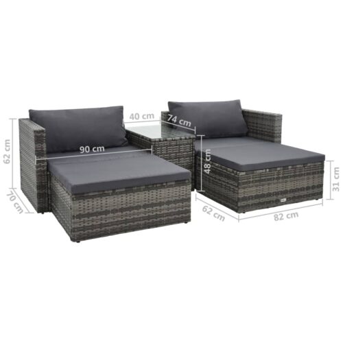 5-Piece Garden Lounge Set with Cushions Poly Rattan Wicker Outdoor Patio Furniture Grey - Image 2