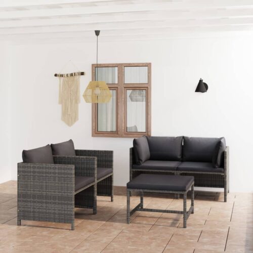 5-Piece Garden Lounge Set with Cushions Poly Rattan Wicker Outdoor Patio Furniture Grey - Image 2