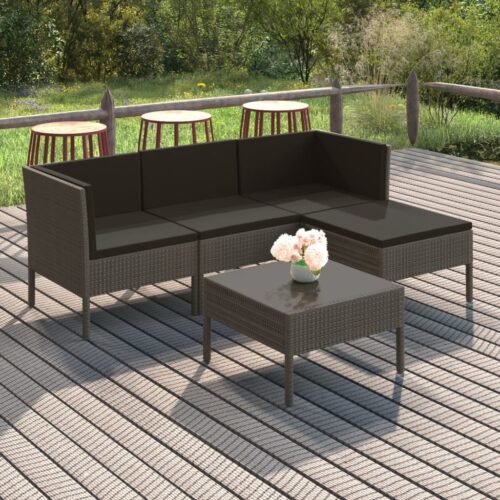 5-Piece Garden Lounge Set with Cushions Poly Rattan Wicker Outdoor Patio Furniture Grey - Image 2