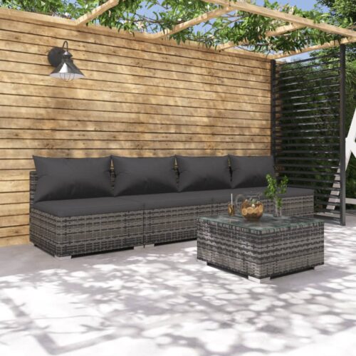 5-Piece Garden Lounge Set with Cushions Poly Rattan Wicker Outdoor Patio Furniture Grey - Image 2