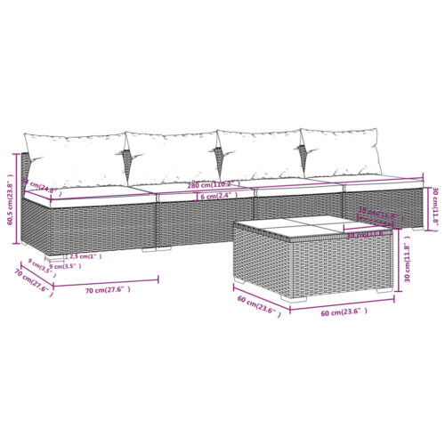 5-Piece Garden Lounge Set with Cushions Poly Rattan Wicker Outdoor Patio Furniture Grey - Image 7