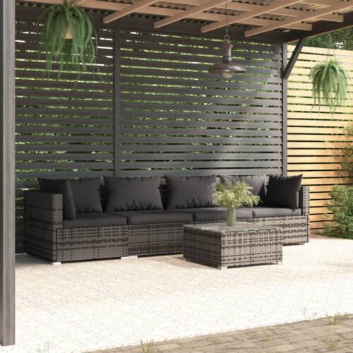 5-Piece Garden Lounge Set with Cushions Poly Rattan Wicker Outdoor Patio Furniture Grey - Image 2