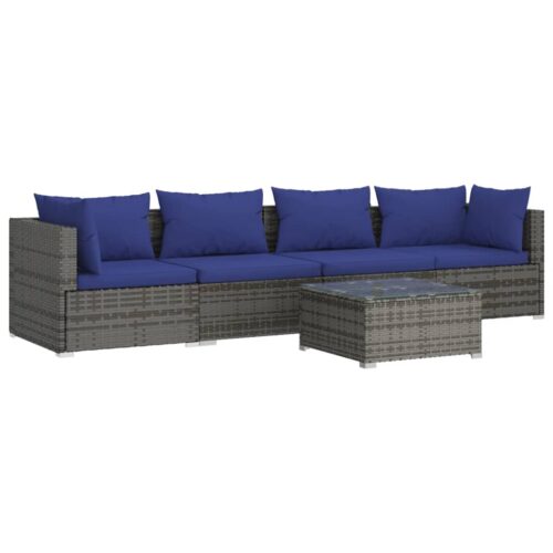 5-Piece Garden Lounge Set with Cushions Poly Rattan Wicker Outdoor Patio Furniture Grey