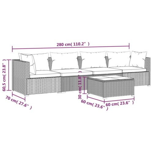 5-Piece Garden Lounge Set with Cushions Poly Rattan Wicker Outdoor Patio Furniture Grey - Image 9
