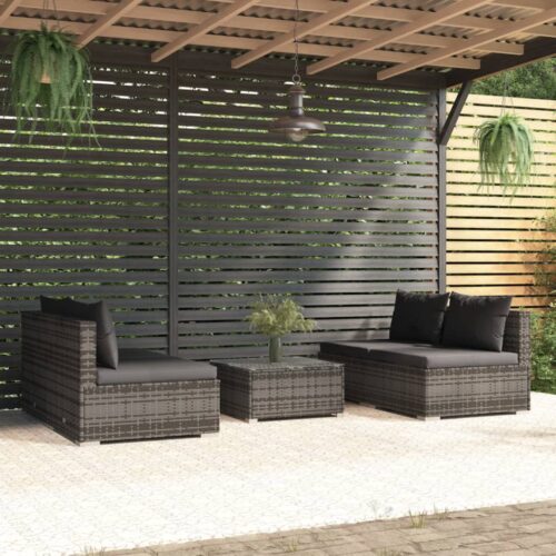 5-Piece Garden Lounge Set with Cushions Poly Rattan Wicker Outdoor Patio Furniture Grey - Image 2