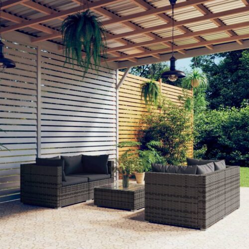 5-Piece Garden Lounge Set with Cushions Poly Rattan Wicker Outdoor Patio Furniture Grey - Image 2