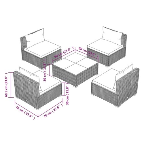5-Piece Garden Lounge Set with Cushions Poly Rattan Wicker Outdoor Patio Furniture Grey - Image 7