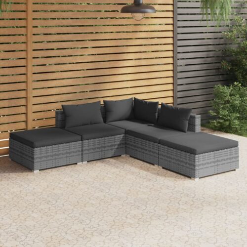 5-Piece Garden Lounge Set with Cushions Poly Rattan Wicker Outdoor Patio Furniture Grey - Image 2