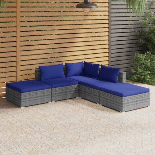 5-Piece Garden Lounge Set with Cushions Poly Rattan Wicker Outdoor Patio Furniture Grey - Image 2