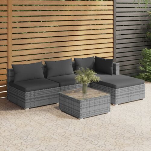 5-Piece Garden Lounge Set with Cushions Poly Rattan Wicker Outdoor Patio Furniture Grey - Image 2