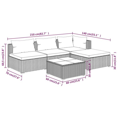 5-Piece Garden Lounge Set with Cushions Poly Rattan Wicker Outdoor Patio Furniture Grey - Image 7