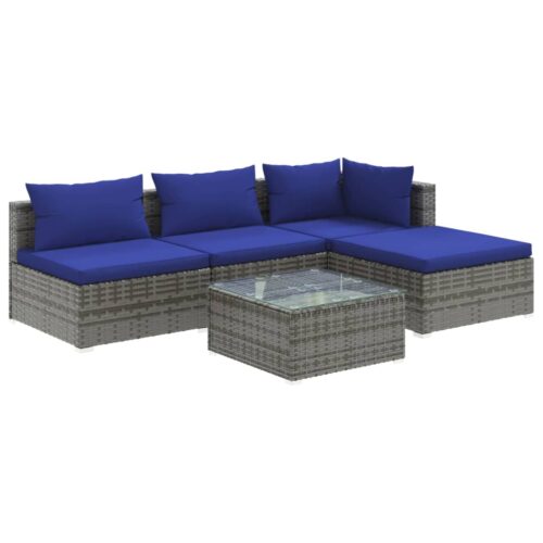 5-Piece Garden Lounge Set with Cushions Poly Rattan Wicker Outdoor Patio Furniture Grey