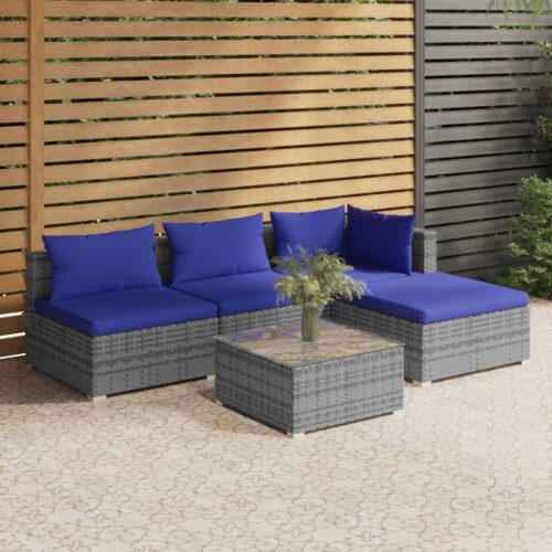 5-Piece Garden Lounge Set with Cushions Poly Rattan Wicker Outdoor Patio Furniture Grey - Image 2
