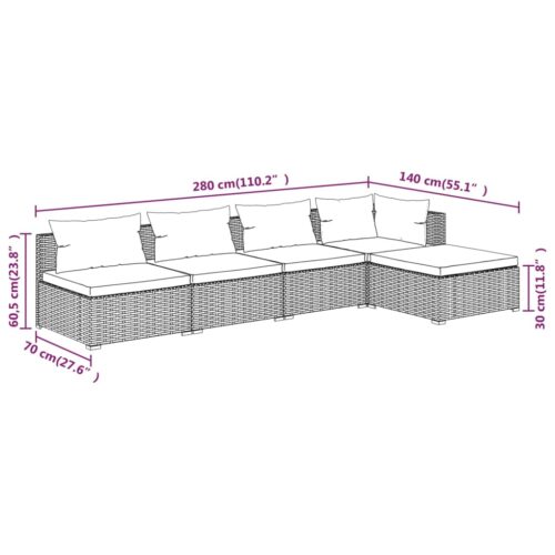 5-Piece Garden Lounge Set with Cushions Poly Rattan Wicker Outdoor Patio Furniture Grey - Image 6