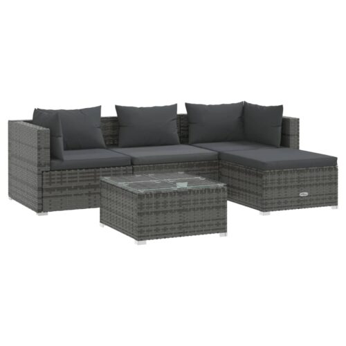 5-Piece Garden Lounge Set with Cushions Poly Rattan Wicker Outdoor Patio Furniture Grey