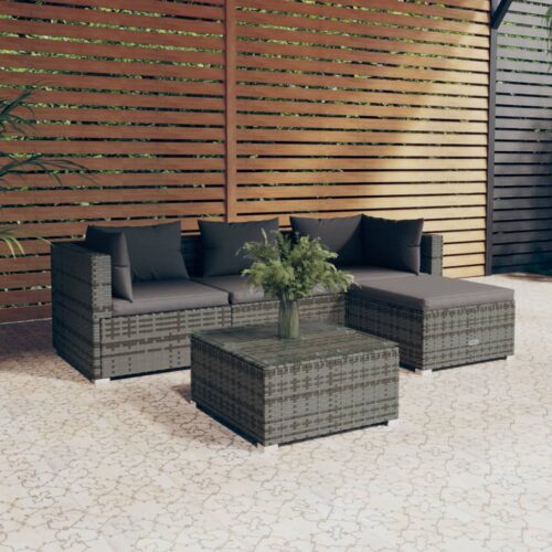 5-Piece Garden Lounge Set with Cushions Poly Rattan Wicker Outdoor Patio Furniture Grey - Image 2