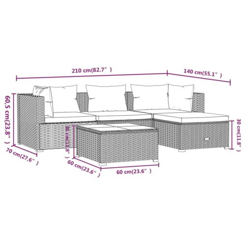 5-Piece Garden Lounge Set with Cushions Poly Rattan Wicker Outdoor Patio Furniture Grey - Image 7