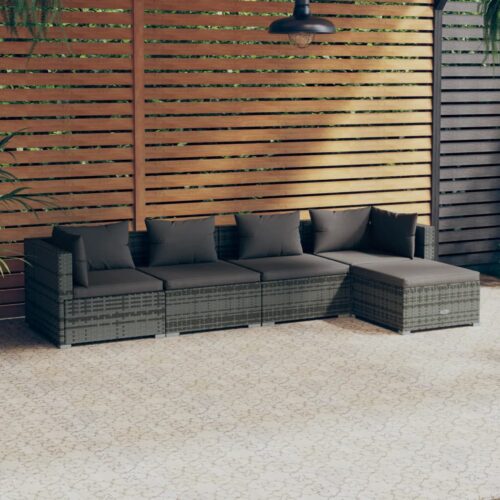 5-Piece Garden Lounge Set with Cushions Poly Rattan Wicker Outdoor Patio Furniture Grey - Image 2