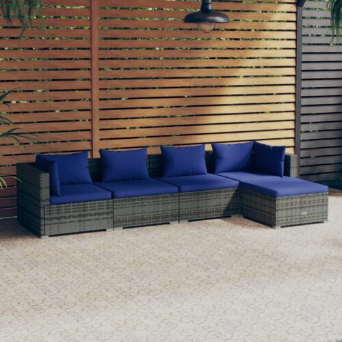5-Piece Garden Lounge Set with Cushions Poly Rattan Wicker Outdoor Patio Furniture Grey - Image 2
