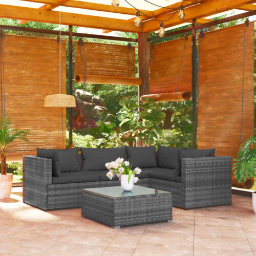 5-Piece Garden Lounge Set with Cushions Poly Rattan Wicker Outdoor Patio Furniture Grey - Image 2