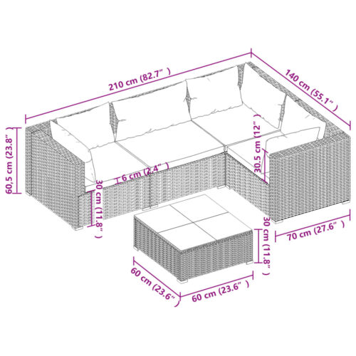 5-Piece Garden Lounge Set with Cushions Poly Rattan Wicker Outdoor Patio Furniture Grey - Image 6