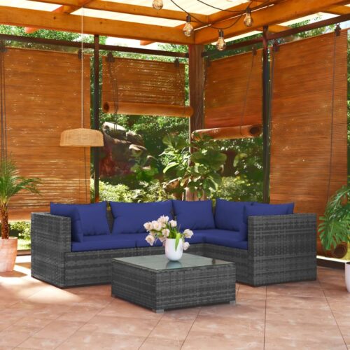 5-Piece Garden Lounge Set with Cushions Poly Rattan Wicker Outdoor Patio Furniture Grey - Image 2